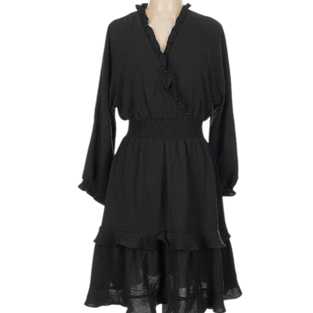 Emma & Michele Black Ruffled Long-Sleeve Tiered Dress